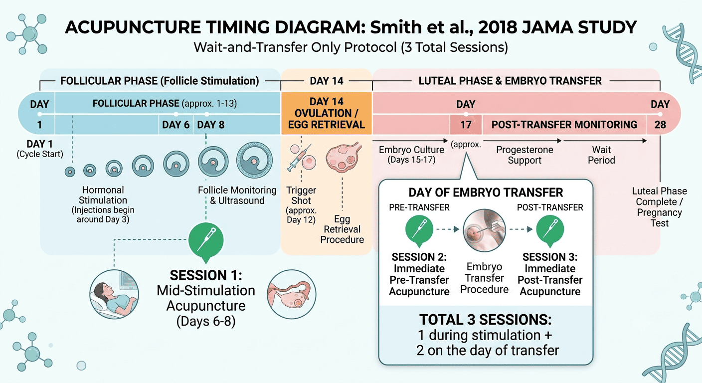 Diagram: JAMA 2018 study 3-session acupuncture timing protocol for IVF, mid-stimulation and embryo transfer day sessions