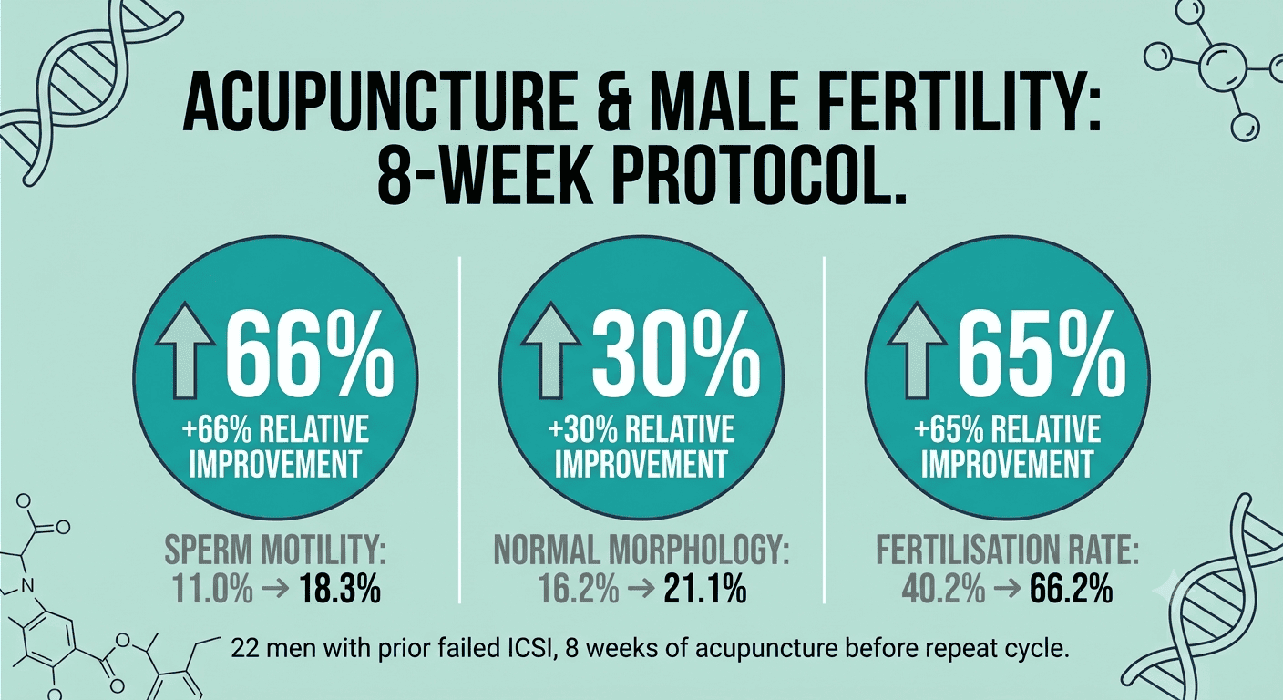 Infographic: acupuncture improves male fertility, sperm motility up 66%, morphology up 30%, fertilisation rate up 65% after 8-week protocol